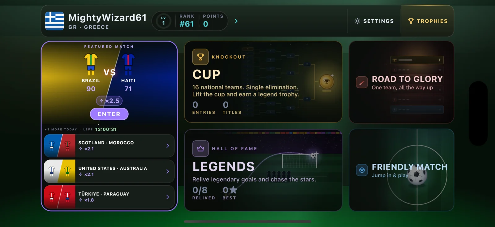 Home — every mode, one game